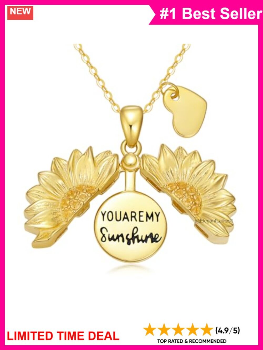 925 Sterling Silver Citrine Sunflower Pendant Necklace Hidden Message